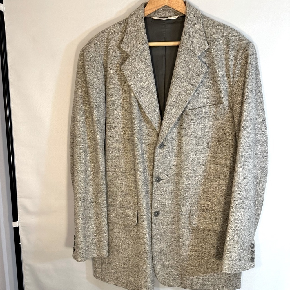 Perry Ellis Mens Size 40 M 100% Wool Sports Coat Jacket Blazer Cream Ivory Gray